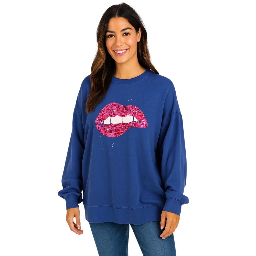 Cabana Crown & Ivy Large Sweatshirt Sequin Lips Pullover‎ Crew Neck Blue 850